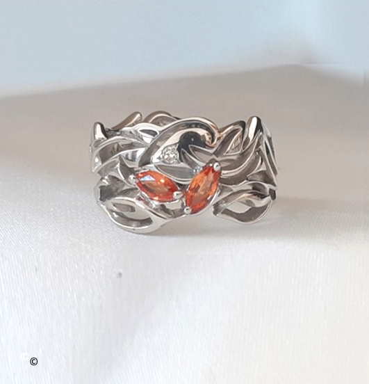 Bague Large Saphir Orangé Et Diamant